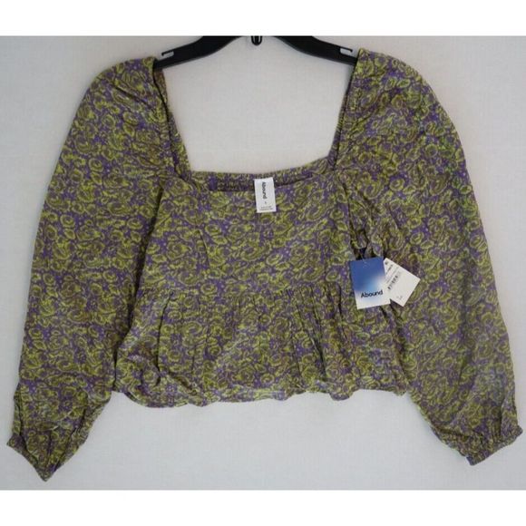 Abound Top Women's Sz S Violet/Yellow Floral Print Square Neck Cropped L/S Top - Picture 1 of 9